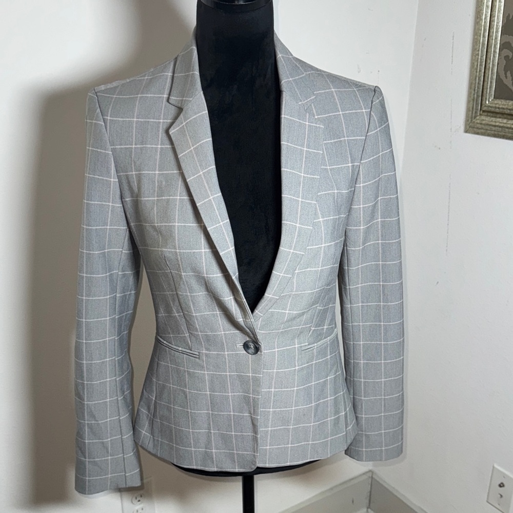 Express Gray tan Checkered Women's single button front Blazer Sz 4